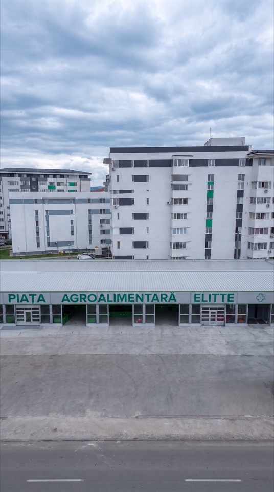 Cadru vertical din dronă cu piața acoperită Elitte și blocurile din Chiajna